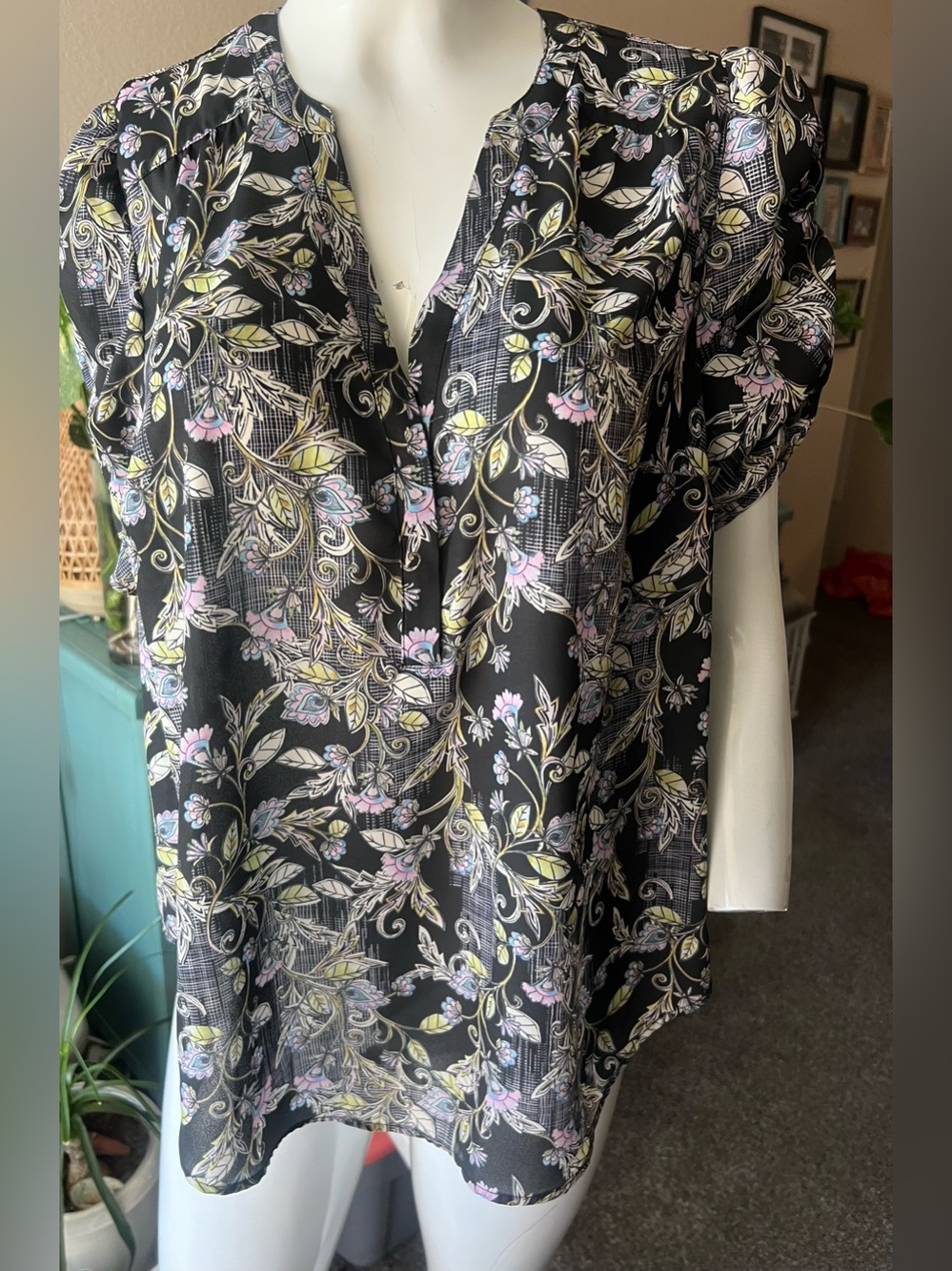 Torrid Black Floral V-Neck Blouse with Pastel Accents